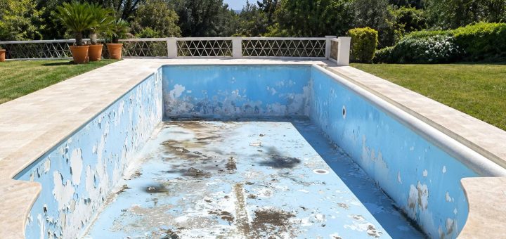 Piscine avant rénovation : ancien revêtement bleu écaillé