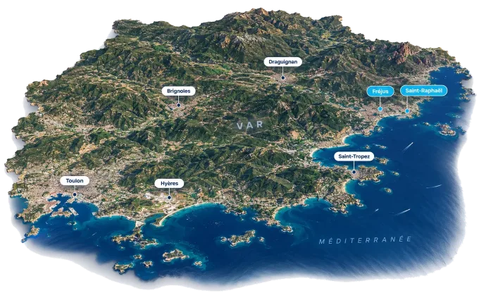 Carte du Var : Toulon, Hyères, Brignoles, Draguignan, Saint-Tropez, Fréjus, Saint-Raphaël